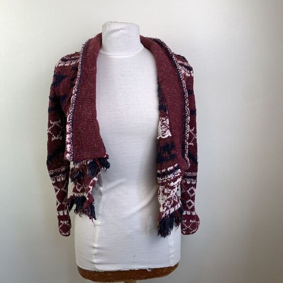 Anthropologie Moth Vera Fringe Cardigan XS S Sweater Aztec Cotton Red Cream Fall - Picture 12 of 15